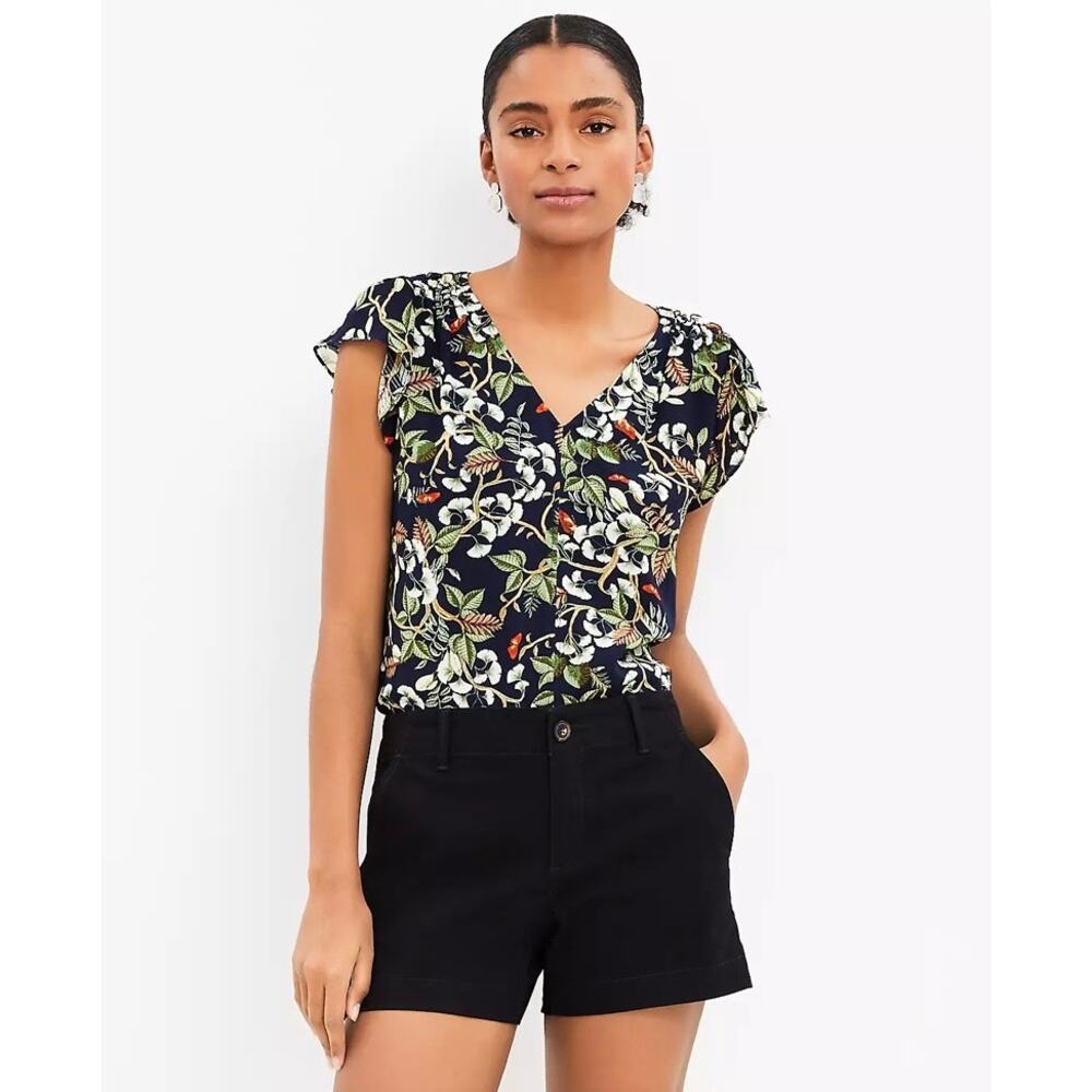 Loft Floral Tropical Blouse V-Neck Cap Sleeves Womens Size SP Summer Cottagecore